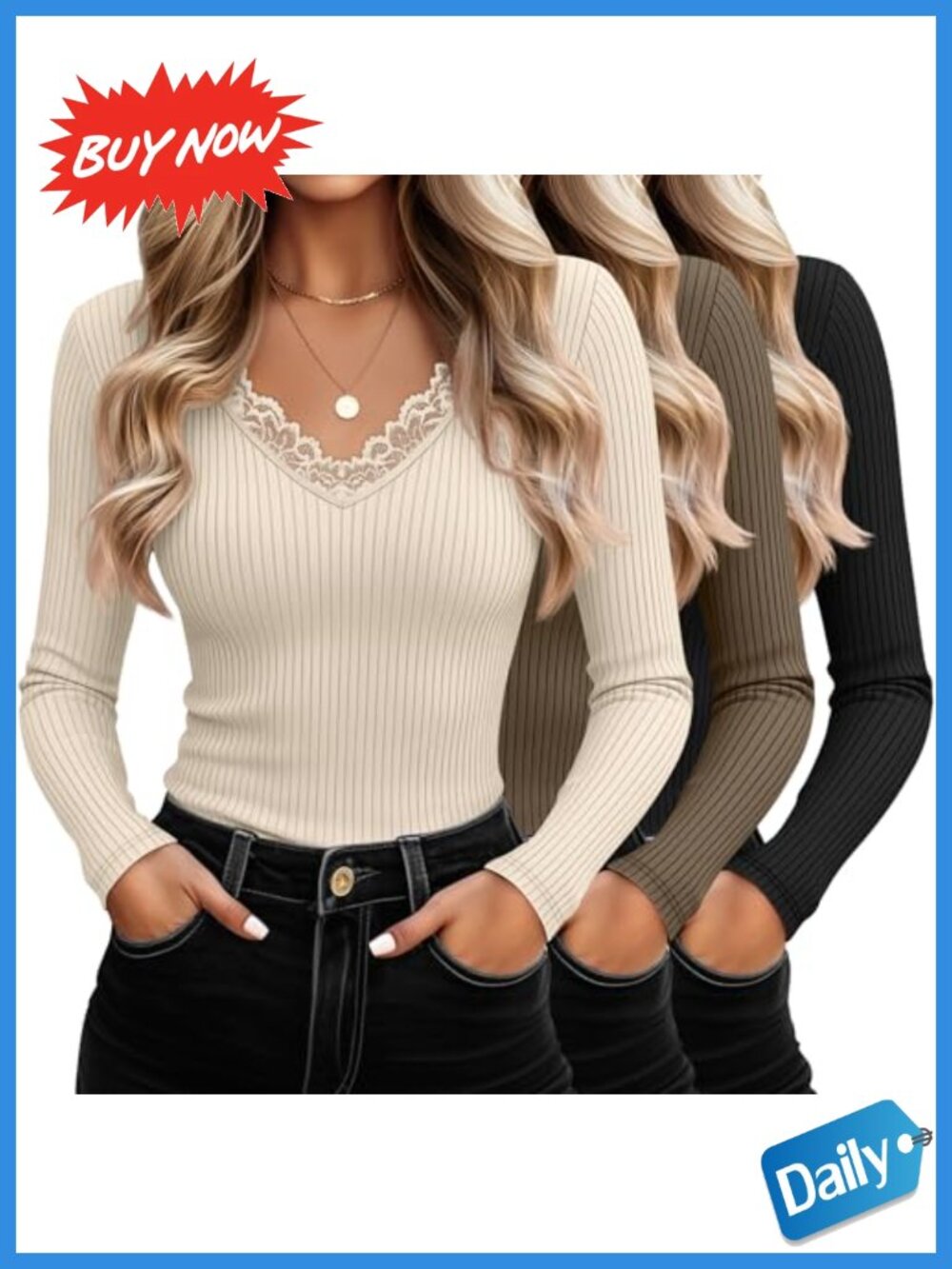 3Pack Women's Cotton Ribbed Lace Trim VNeck Long Sleeve Tops